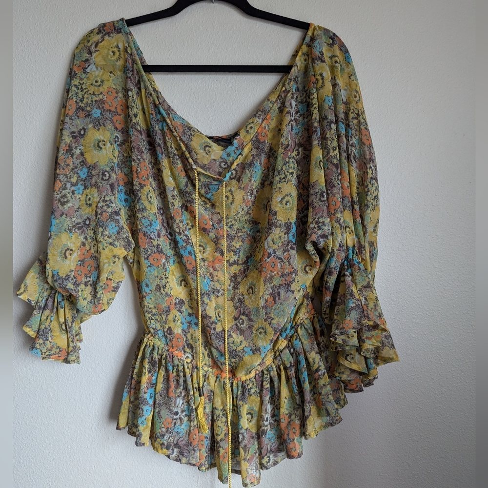 Moda International Gold Floral Boho Blouse Size XS